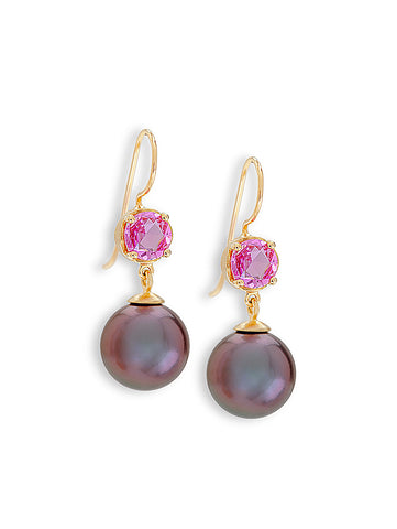 Vivid Pink Sapphire & Tahitian Pearl Earrings