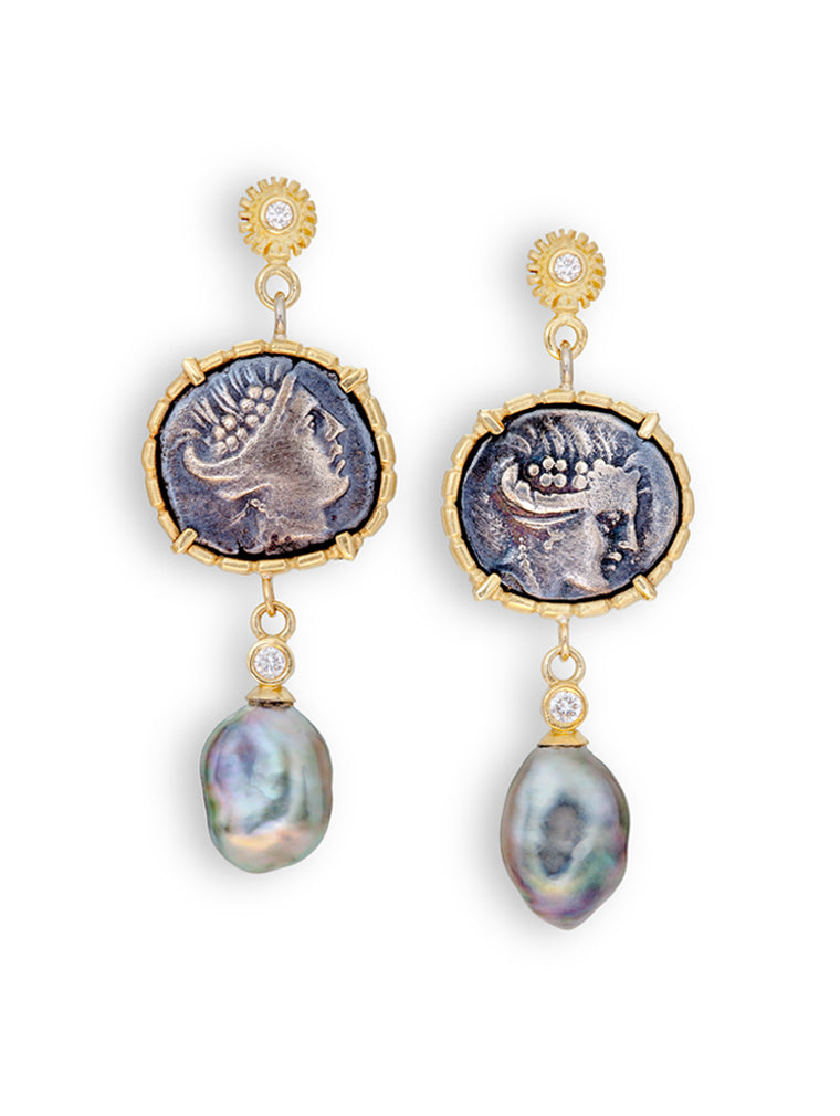 Head of Nymph Histiaia Greek Coins & Tahitian Pearl Earrings