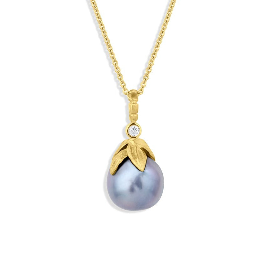 Sliver-Blue Akoya Pearl and Diamond Pendant