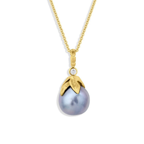 Sliver-Blue Akoya Pearl and Diamond Pendant