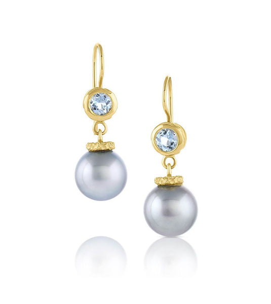 Aquamarine & Silver Grey Tahitian Pearl Earrings
