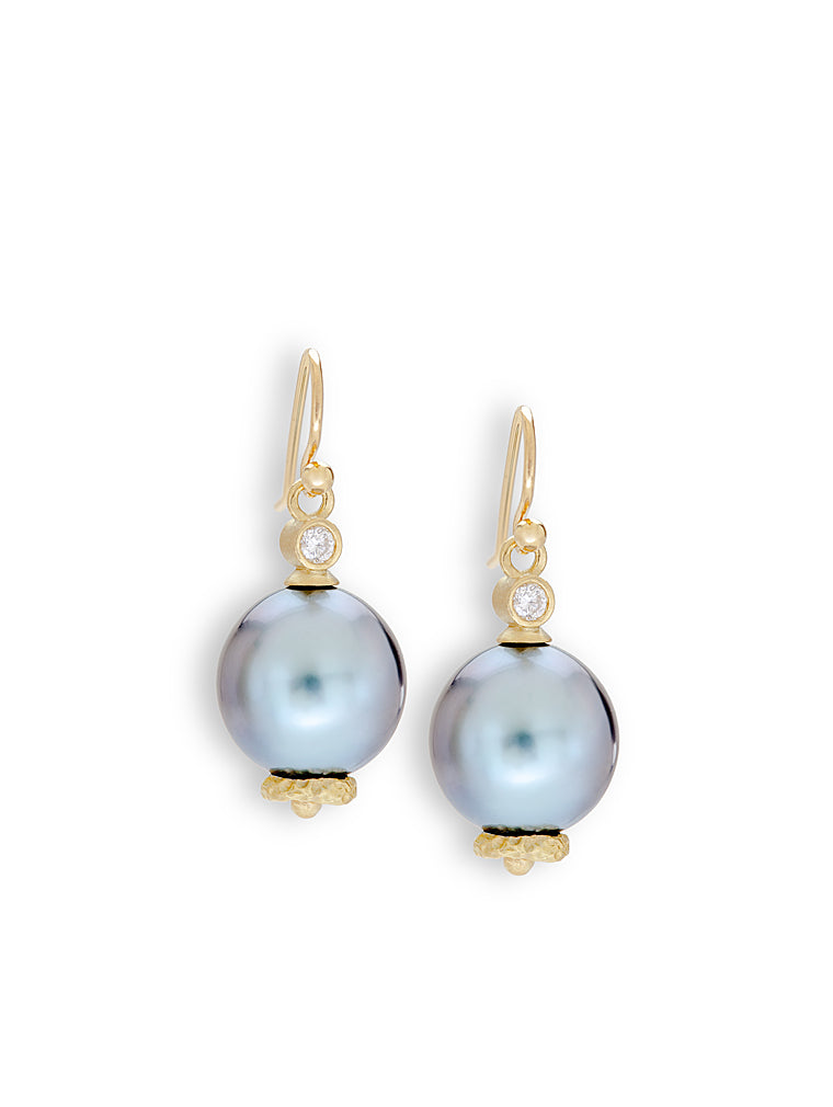 Silver-Blue Tahitian Pearl & Diamond  Earrings