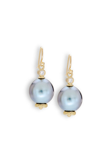 Silver-Blue Tahitian Pearl & Diamond  Earrings