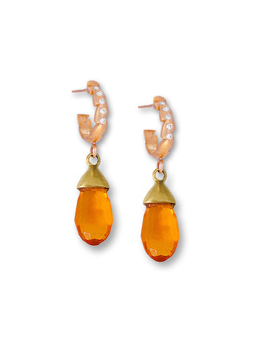Fire Opal & Delicate Diamond Hoop Earrings