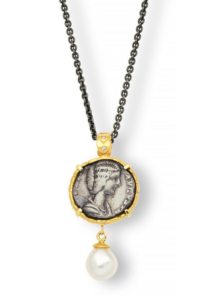 Julia Domna Roman Coin, Diamonds & Keshi Pearl Pendant