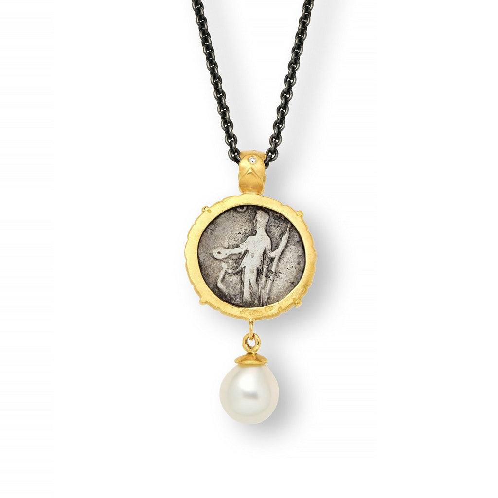 Julia Domna Roman Coin, Diamonds & Keshi Pearl Pendant