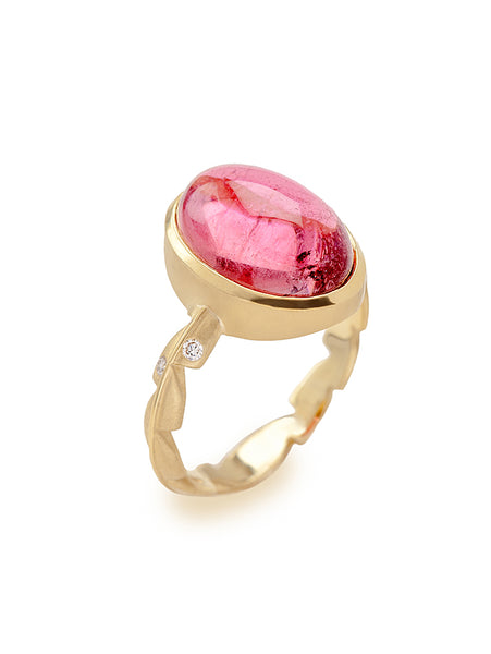 Pink Tourmaline Cabochon & Diamond Sweet Fern Ring