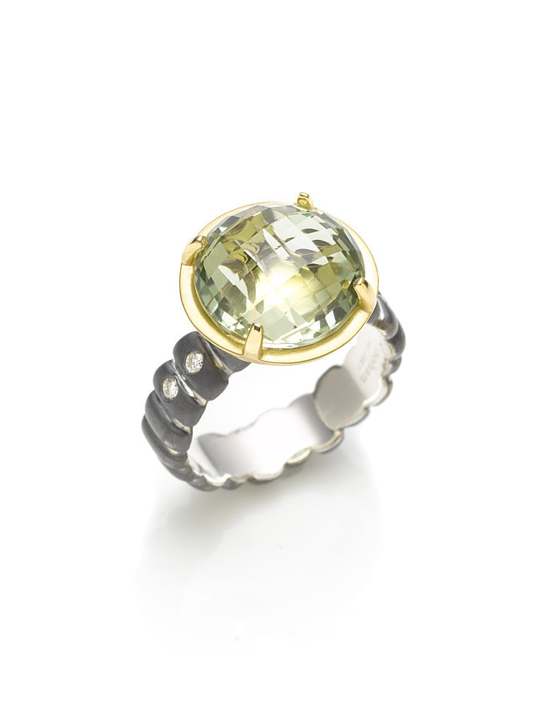 Checkerboard Cut Green Quartz & Diamond Ring