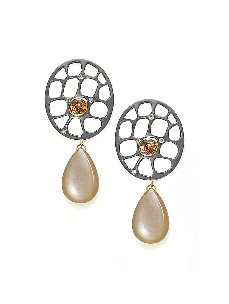 Peach Zircon, Moonstone, & Diamond Earrings